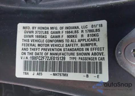 2018 Honda Civic Ex из США, поврежденный, VIN 19XFC2F72JE015139